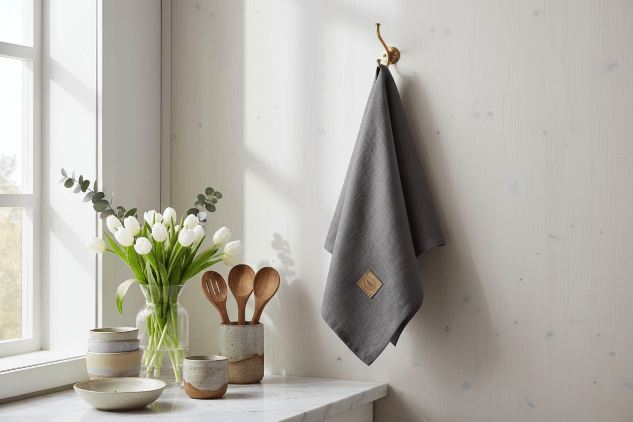 Keittiöpyyhe valoisassa keittiössä