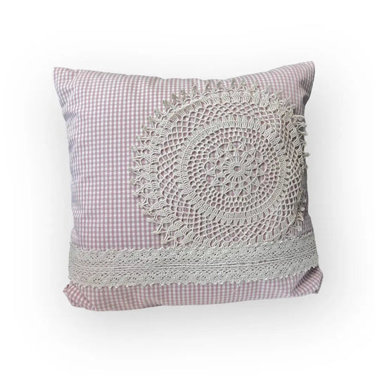 Tyynynpäällinen Roosa ruutu - Lahja ja Sisustus Juuttisäkki