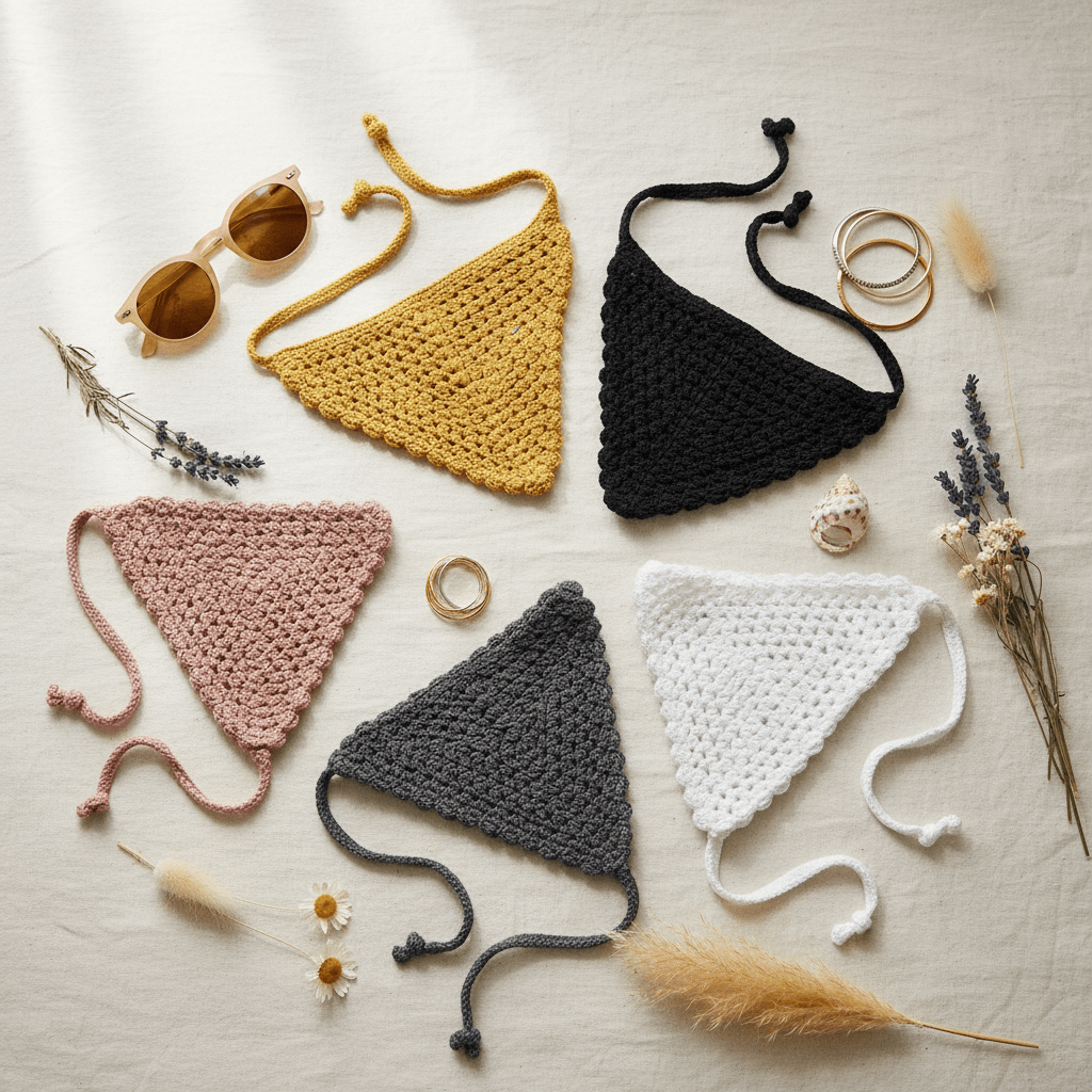 Virkattu Hellehuivi - flatlay kaikki värit