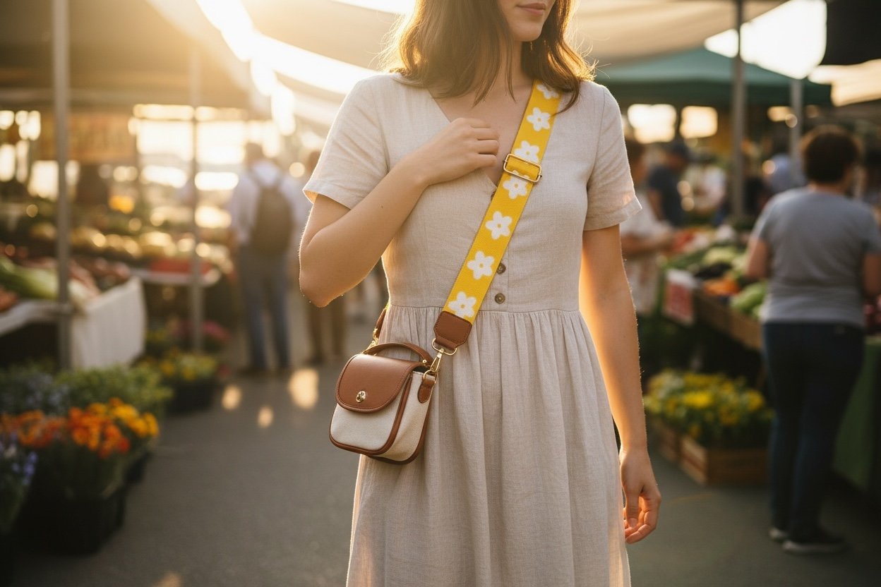 Laukun Olkahihna - Keltavalkokukka - Lahja ja Sisustus Juuttisäkki