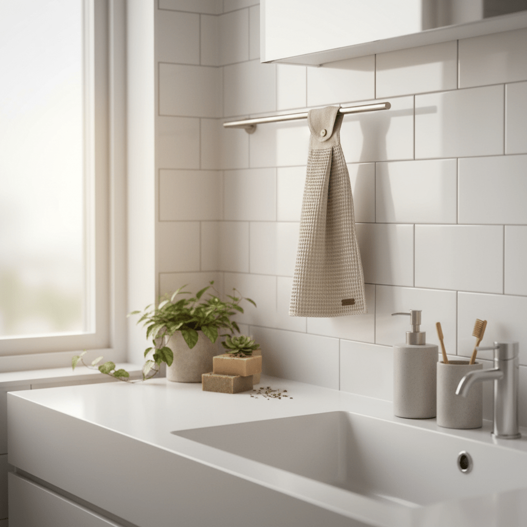 Näppipyyhe valoisassa kylpyhuoneessa