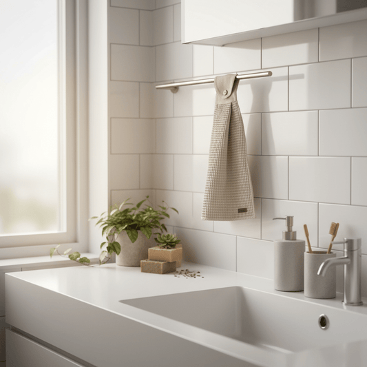 Näppipyyhe valoisassa kylpyhuoneessa