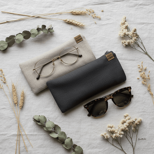 Silmälasikotelo Pellava - flatlay beige ja harmaa