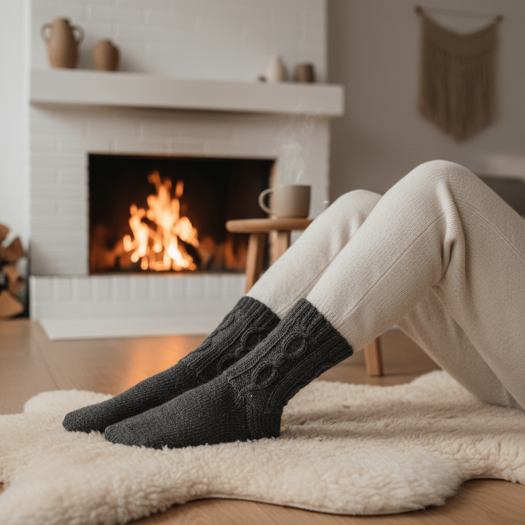 Villasukat Paju takan ääressä housujen kanssa