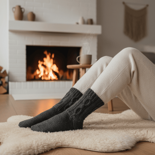 Villasukat Paju takan ääressä housujen kanssa