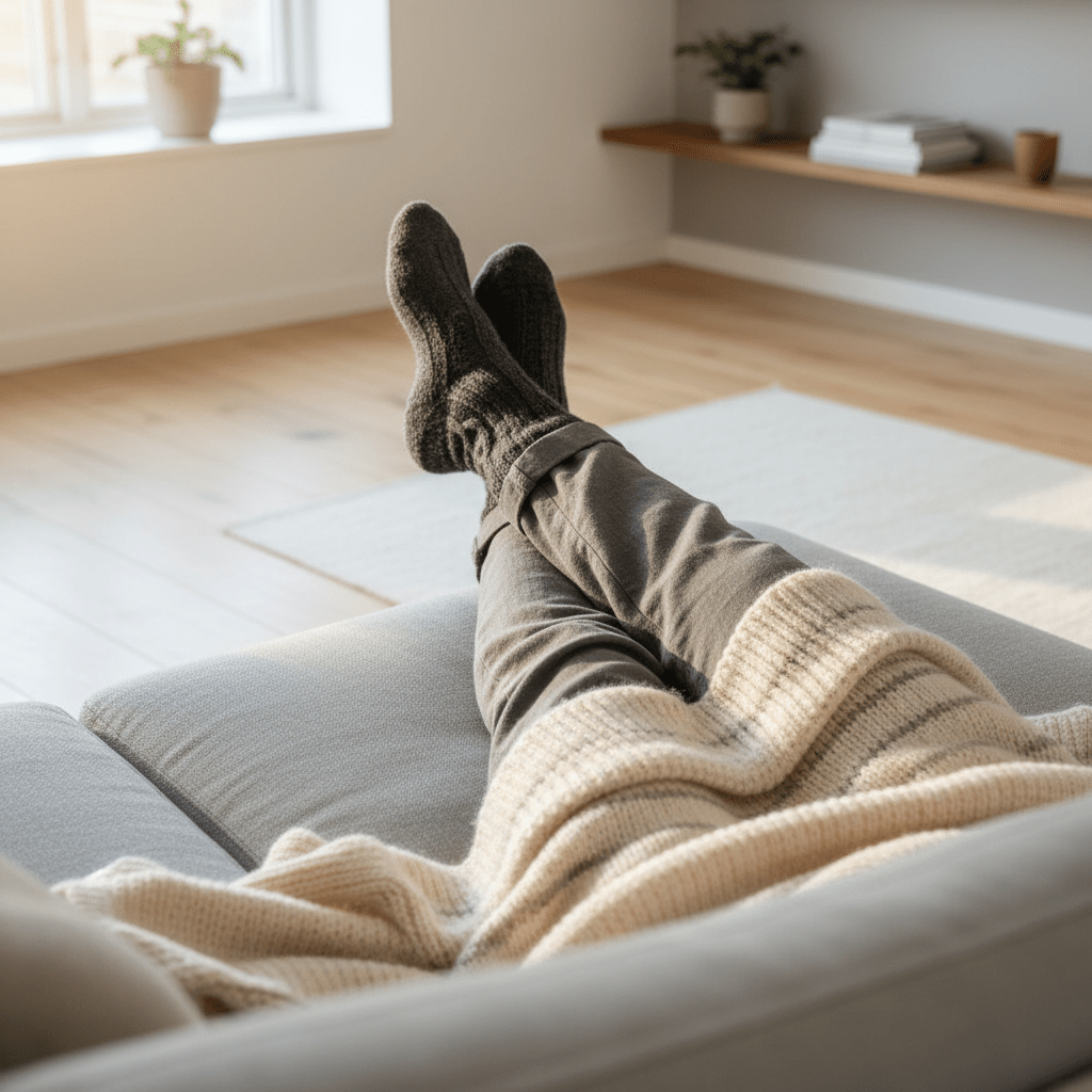 Villasukat Paju sohvalla housujen kanssa