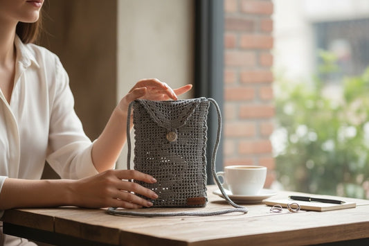 Virkattu harmaa olkalaukku - Lahja ja Sisustus Juuttisäkki