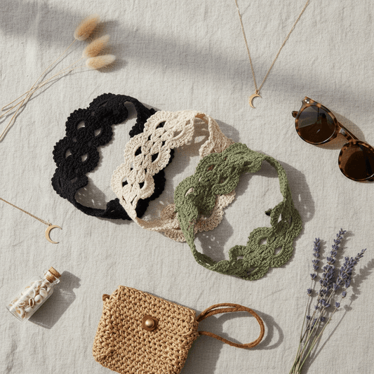 Virkattu Hiuspanta - flatlay kolme väriä